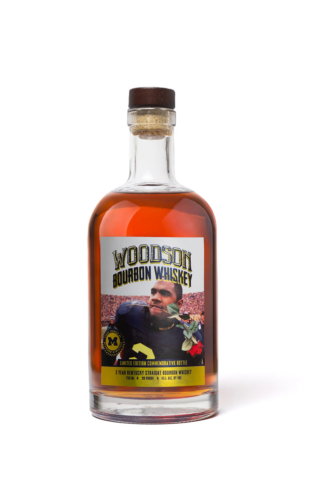 Woodson Whiskey UNIVERSITY OF MICHIGAN CHARLES WOODSON "ROSE IN MOUTH" LIMITED EDITION COMMEMORATIVE BOTTLE 90 PROOF